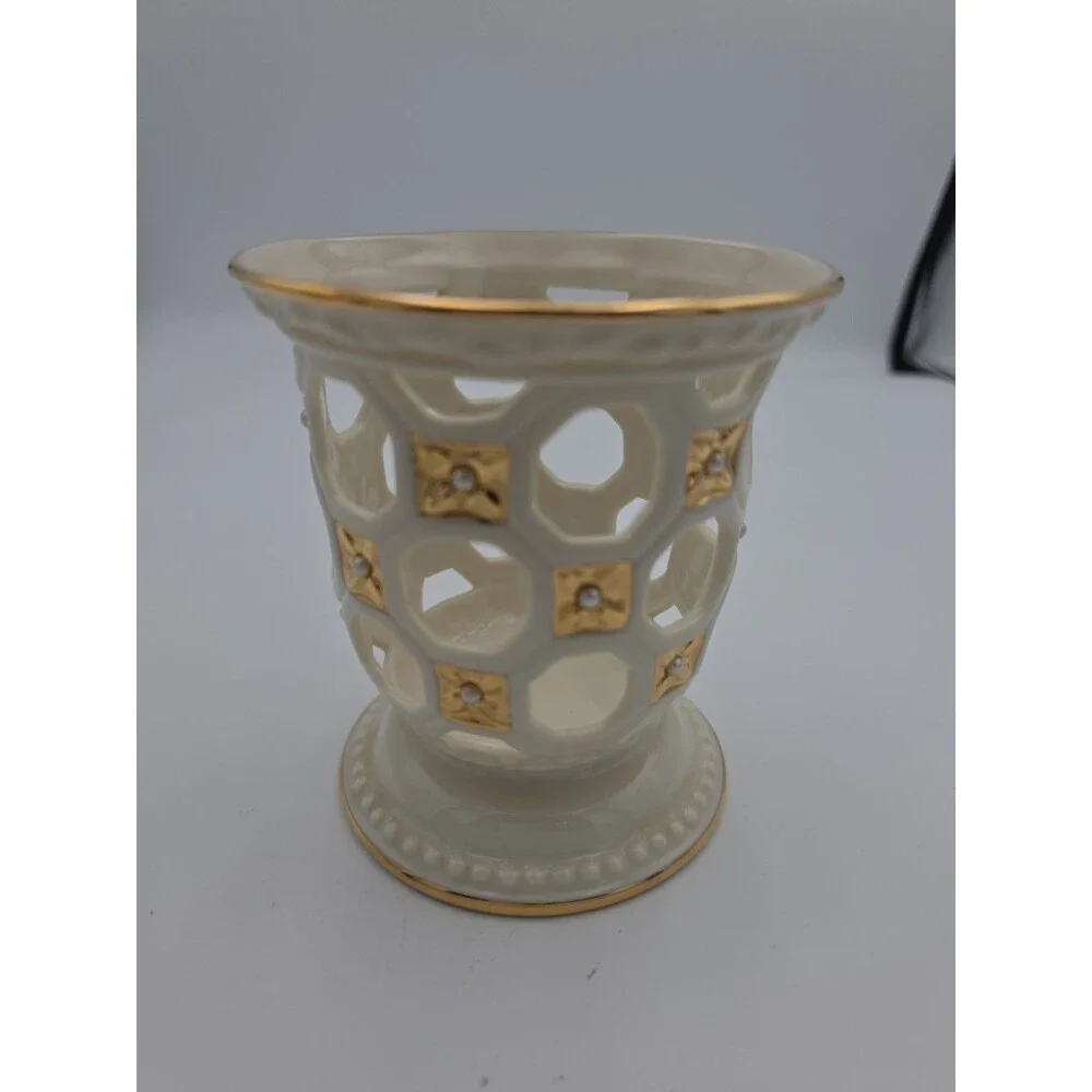 Lenox Ivory Porcelain Pierced Votive Candle Holder Gold Pearl Accents